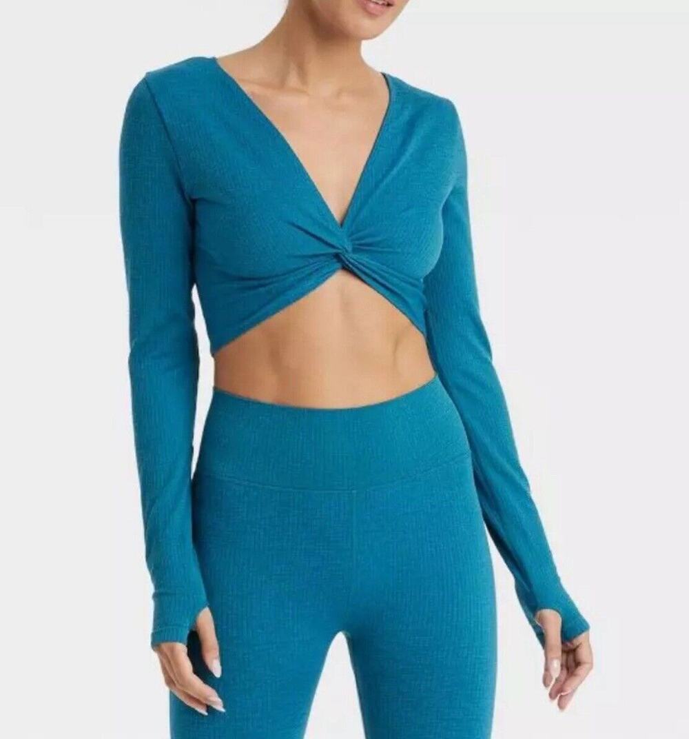 JoyLab Long Sleeeve Crop Twist Front Athletic Top Blue XL NEW
